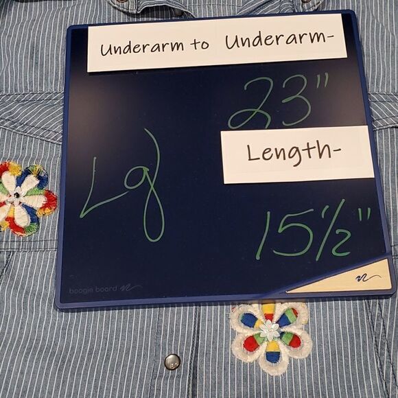 Custom Upcycled Chambray Stripe Vintage Flowers Cropped Blouse C.E. Schmidt Sz L - Picture 4 of 7